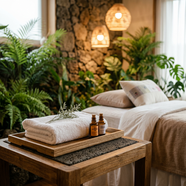 따뜻한 스파 룸에 놓인 오일과 깨끗한 타월, 힐링의 시간