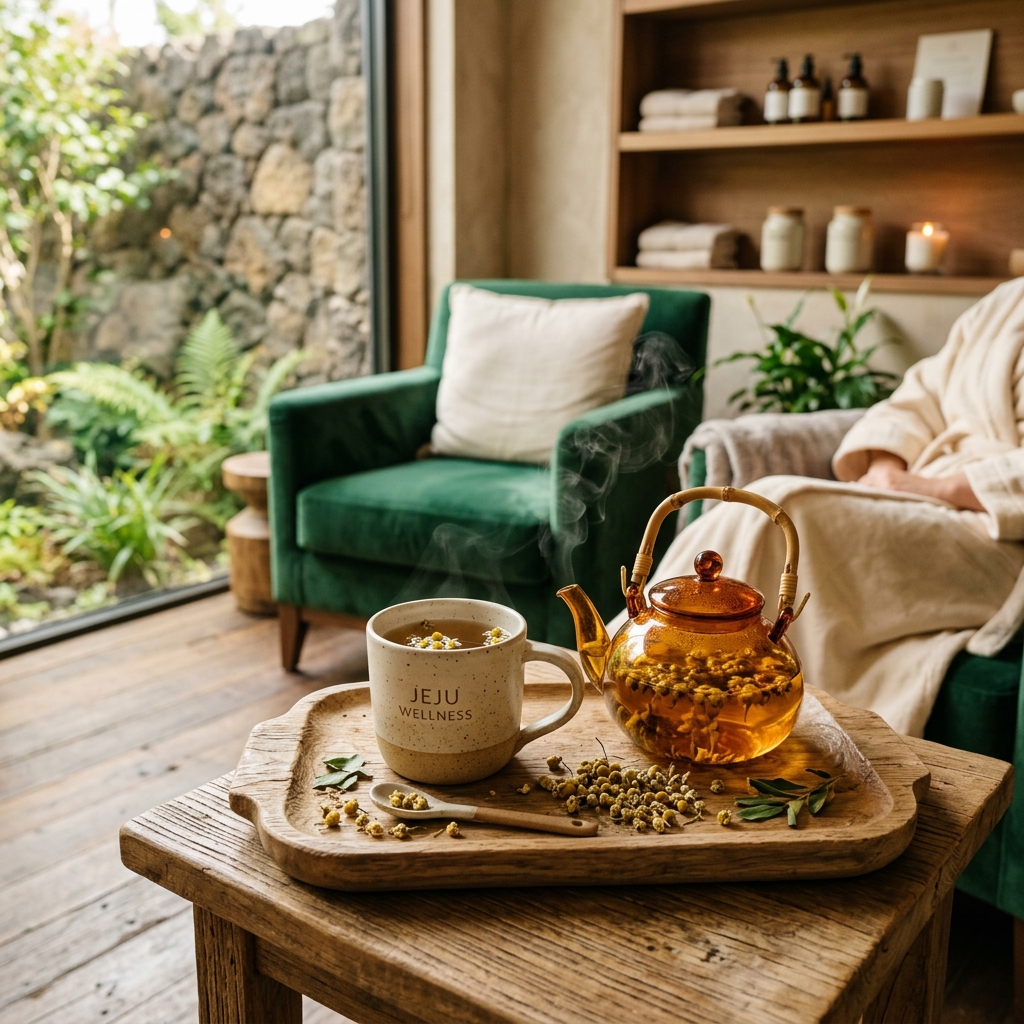 따뜻한 캐모마일 차가 놓인 테라피 대기 공간, 시술의 여운이 머무는 시간