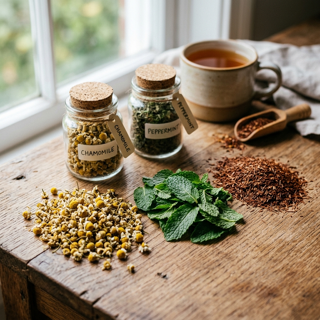 캐모마일, 페퍼민트, 루이보스 — 테라피 샵의 세 가지 기본 허브