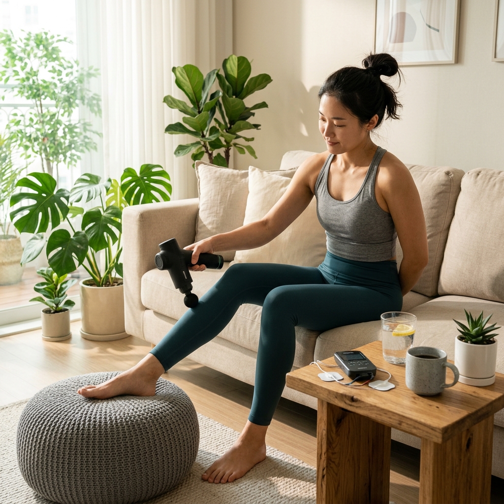 집에서 마사지건과 TENS 기기로 셀프 케어하는 모습