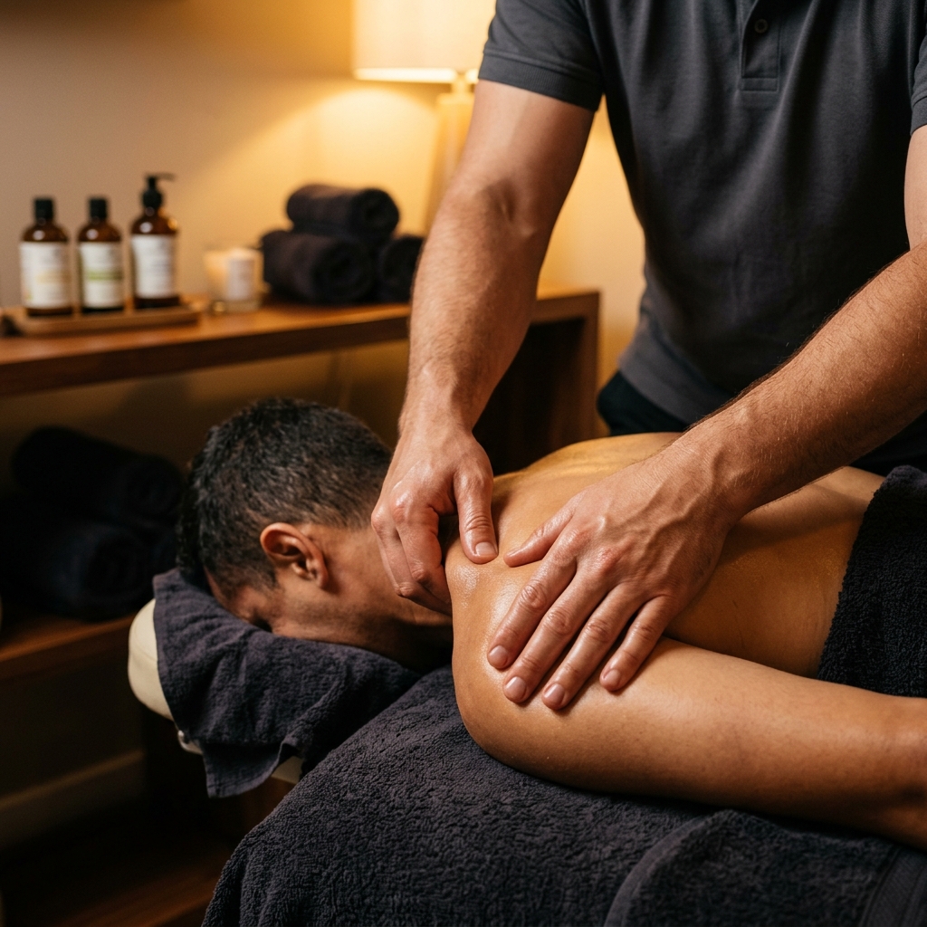 전문 테라피스트의 손으로 어깨 근육을 세밀하게 풀어주는 모습