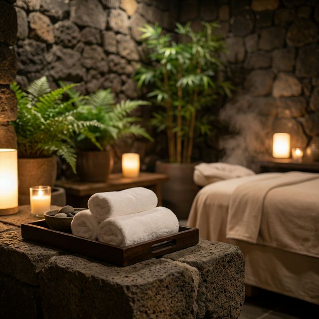 따뜻한 타월과 밝게 빛나는 캔들이 놓인 고요하고 편안한 테라피 룸
