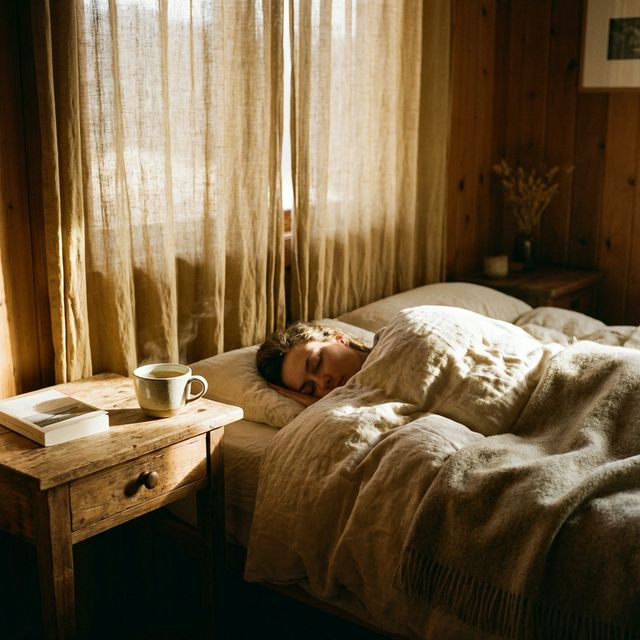 포근한 햇살이 드는 아늑한 침실에서 허벌 티 한 잔과 함께하는 편안한 휴식
