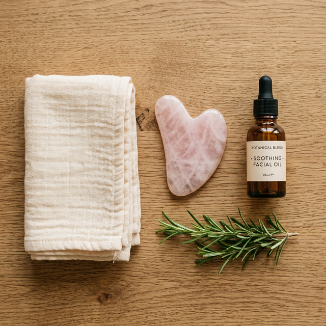 로즈쿼츠 도구와 수딩 오일이 놓인 부드러운 스킨케어 플랫레이