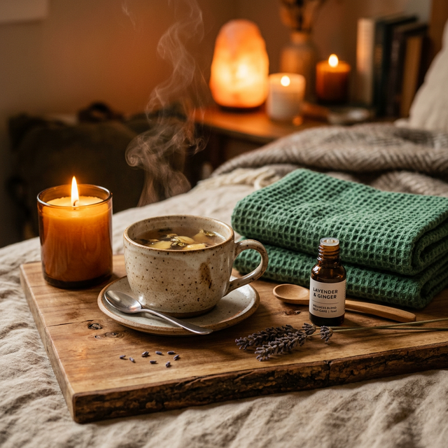 따뜻한 허브차와 라벤더 오일이 놓인 아늑한 공간에서의 셀프케어