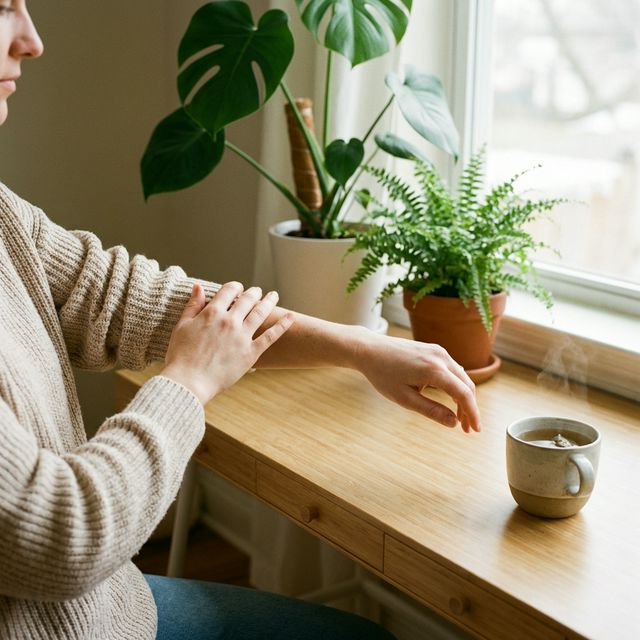 사무실 한 켠에서 팔뚝을 길게 쓸어올리며 피로를 푸는 모습