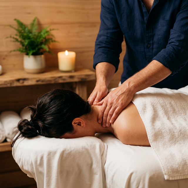 전문 테라피스트가 부드럽고 정확한 압으로 목 근막을 풀어주는 장면