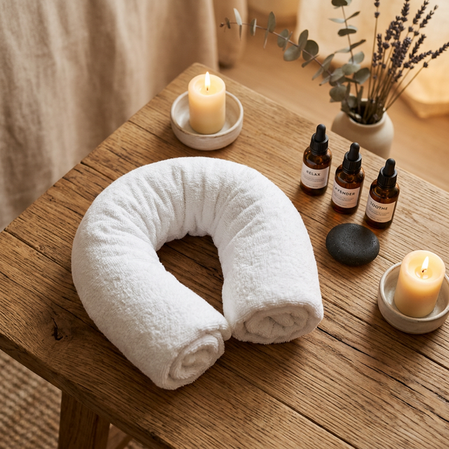 목 관리를 위한 타월 필로우와 아로마 오일이 놓인 따뜻한 테라피 공간